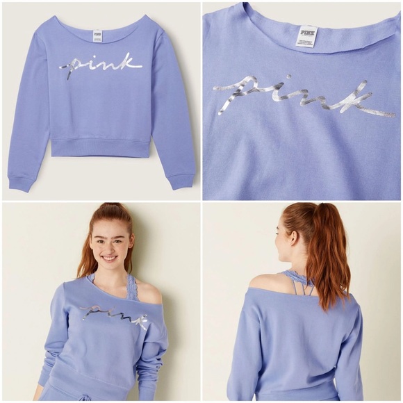 Victoria's Secret PINK Off The Shoulder Sweatshirt Size Large Periwinkle Fleece - Picture 1 of 16